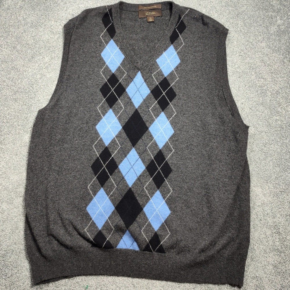 Tasso‎ Elba XXL 100% Cashmere Argyle Sweater Vest Gray Blue Black Menswear